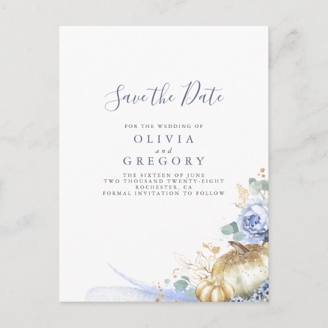 Carte Postale Faire-part Fleurs et Citrouilles bleus Dusty Enregistrer la d (Devant)