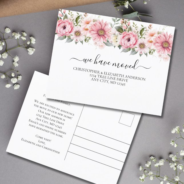Carte Postale Faire-part Fleurs florales blanches roses Script Moving (pink white floral watercolor flowers moving announcement postcard.)
