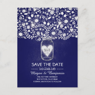 Carte Postale Faire-part Fleurs mason bocal bleu royal enregistrer la date