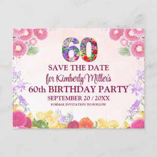 Carte Postale Faire-part Fleurs pour les 60 ans - Enregistrez la date - Pas