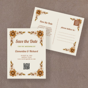 Carte Postale Faire-part Fleurs rétro Code QR Mariage Enregistrer la date