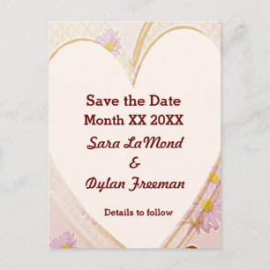 Carte Postale Faire-part Fleurs roses, Coeur, Anneaux, Enregistrer la date 
