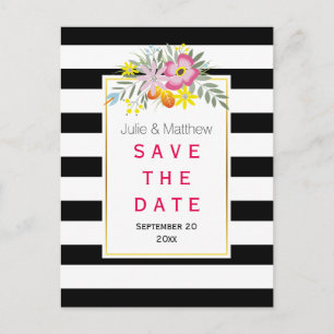 Carte Postale Faire-part Fleurs roses et rayures mariage Save the Date