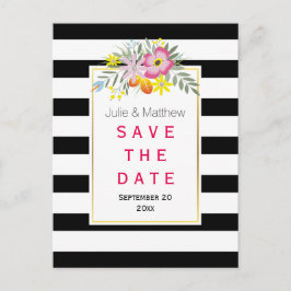 Carte Postale Faire-part Fleurs roses et rayures mariage Save the Date