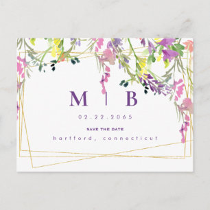 Carte Postale Faire-part Fleurs sauvages de couleur géométrique Monogramme