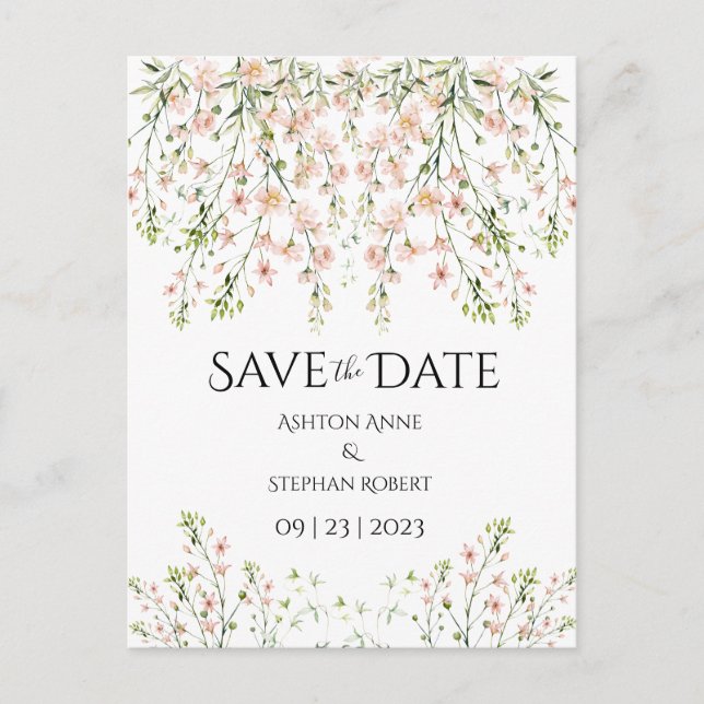 Carte Postale Faire-part Fleurs sauvages Rose Blush Élégant Mariage Floral  (Devant)