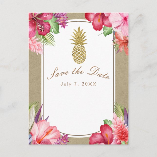 Carte Postale Faire-part Fleurs tropicales & Ananas doré Enregistrez la dat (Devant)
