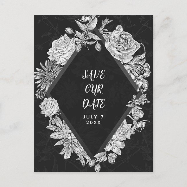 Carte Postale Faire-part Fleurs Vintages en diamant noir Enregistrer la dat (Devant)