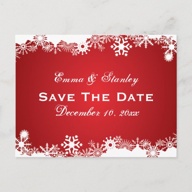Carte Postale Faire-part Flocon de neige rouge blanc mariage d'hiver Enregi (Devant)