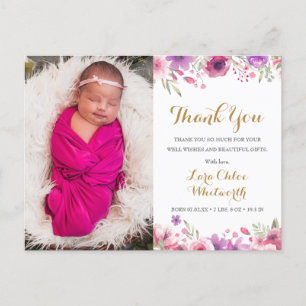 Carte Postale Faire-part  Floral Baby Girl Script photo Merci naissance