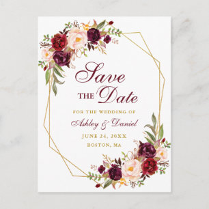 Carte Postale Faire-part Floral Bourgogne Gold Frame Enregistrer la date