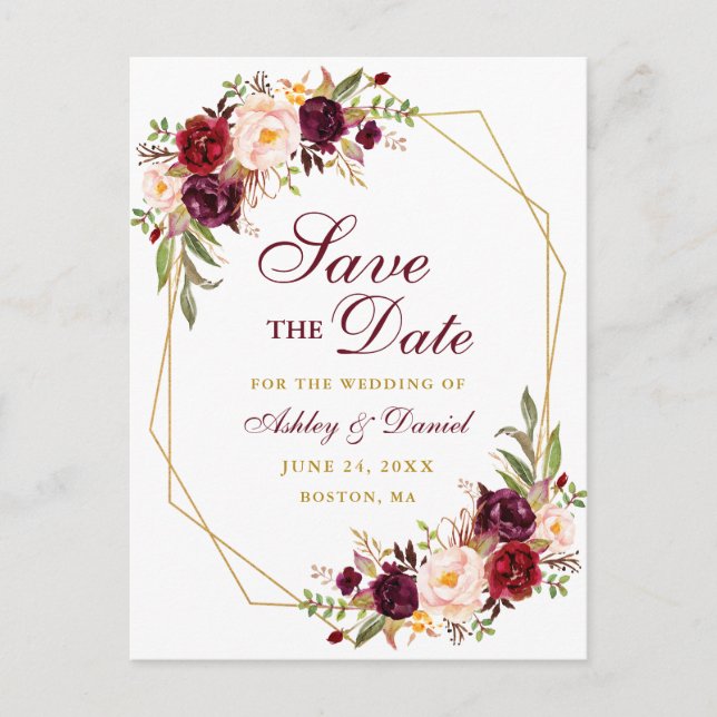Carte Postale Faire-part Floral Bourgogne Gold Frame Enregistrer la date (Devant)