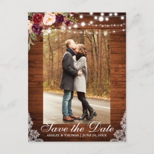 Carte Postale Faire-part Floral Bourgogne rustique Enregistrer la date Reto