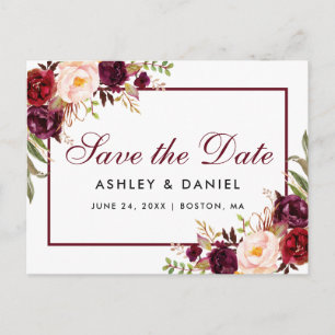 Carte Postale Faire-part Floral d'aquarelle Bourgogne Enregistrer la date