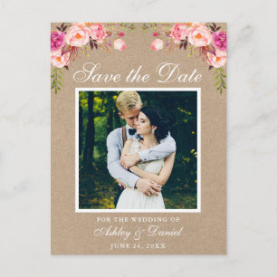Carte Postale Faire-part Floral rose Enregistrer la date Photo Kraft