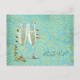 Carte Postale Faire-part flûtes à champagne vintage damassé or teal mariage