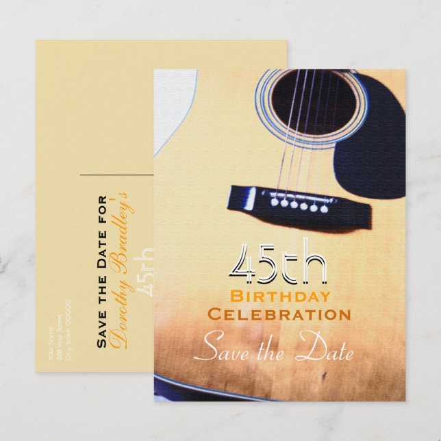 Carte Postale Faire-part Folk Guitar 45th Birthday Enregistrer la date Cart (Devant / Derrière)