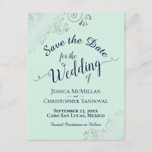 Carte Postale Faire-part Frills Argent Mint & Marine Wedding Enregistrer la