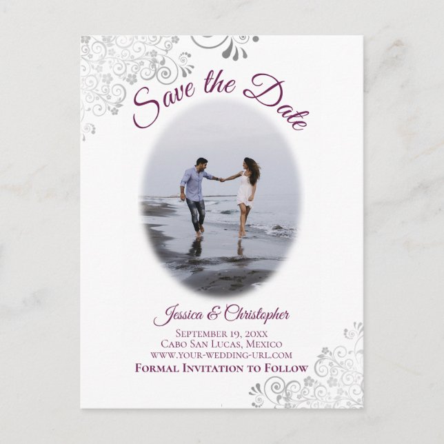 Carte Postale Faire-part Frills d'argent Magenta Photo Wedding Enregistrer  (Devant)