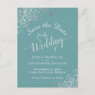 Carte Postale Faire-part Frills d'argent sur Aqua Mariage Turquoise Enregis