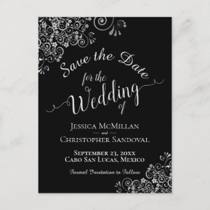 Carte Postale Faire-part Frills d'argent sur Black Chic Wedding Enregistrer