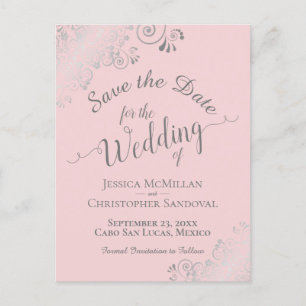 Carte Postale Faire-part Frills d'argent sur mariage rose pâle Enregistrer 