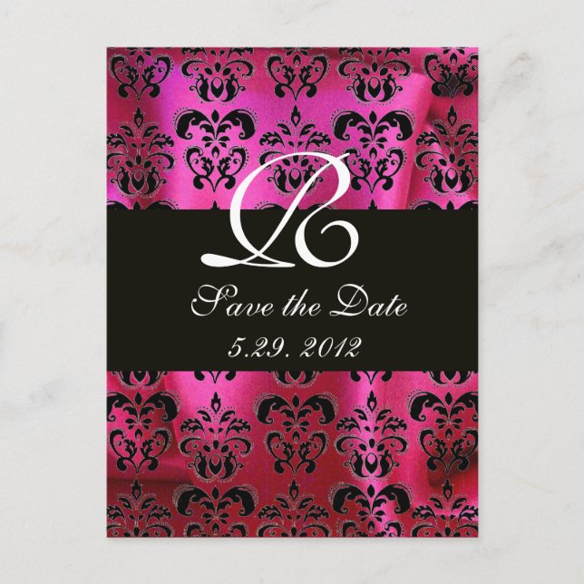 Carte Postale Faire-part FUCHSIA ROSE NOIR DAMASSÉ MONOGRAMME , blanc (Devant)