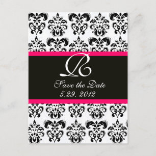 CARTE POSTALE FAIRE-PART FUCHSIA ROSE NOIR ET MONOGRAMME DE DOMMAS BLANC
