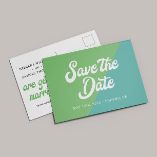 Carte Postale Faire-part Funky Retro Green Blue Wedding Enregistrer La Date