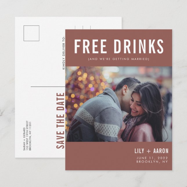 Carte Postale Faire-part Funny Free Drinks Mariage Rust Photo Enregistrer l (Devant / Derrière)