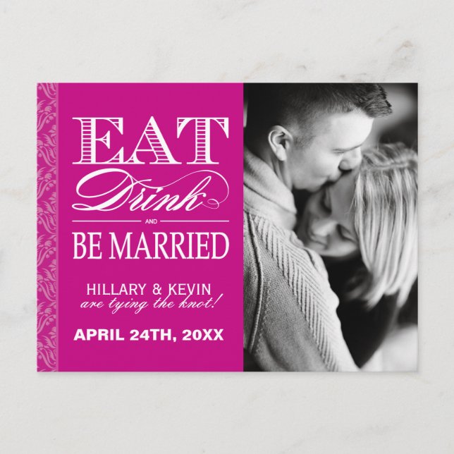 Carte Postale Faire-part Fuschia Damask Sauvez la date (Devant)