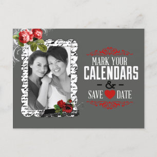 Carte Postale Faire-part Gay Lesbian Chalkboard et Roses Enregistrer la dat