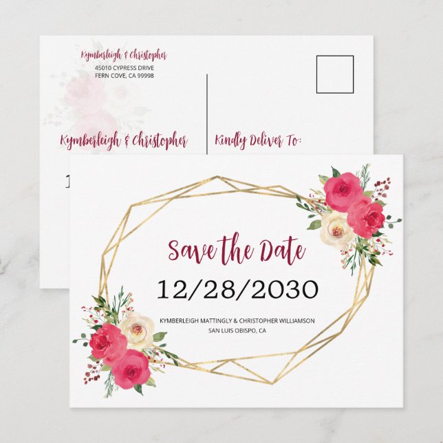 Carte Postale Faire-part Géométrique Fleurs de Mariage en Bourgogne Enregis (Devant / Derrière)