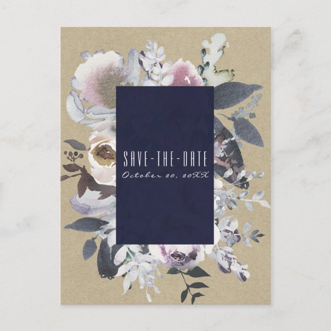 Carte Postale Faire-part Glamour Floral Rustique Bleu Kraft Enregistrer la  (Devant)