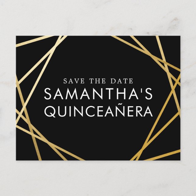 Carte Postale Faire-part Gold Black Modern Quinceañera Enregistrer la date (Devant)