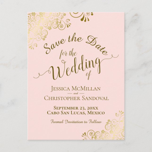 Carte Postale Faire-part Gold Calligraphie Mariage Enregistrer la date Blus (Devant)