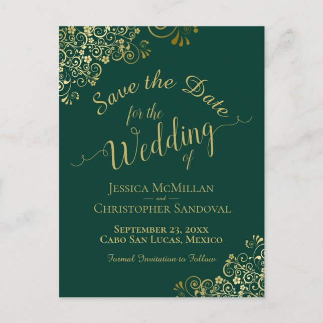 Carte Postale Faire-part Gold Calligraphy Wedding Enregistrer la date Emera (Devant)