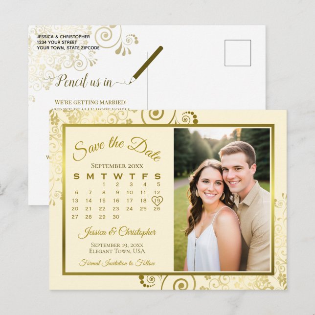 Carte Postale Faire-part Gold & Cream Wedding Enregistrer la date Calendrie (Devant / Derrière)