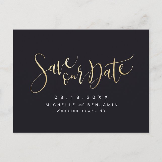 Carte Postale Faire-part Gold et Black Modern Script simple Enregistrer la  (Devant)