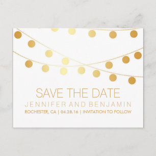 Carte Postale Faire-part Gold Foil String of Lights Enregistrer la date