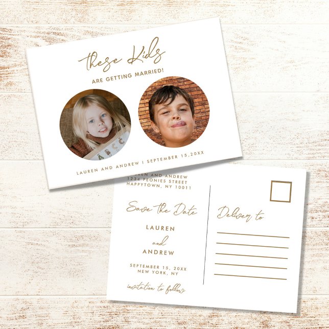 Carte Postale Faire-part Gold Funny Kids Photo Script Mariage Enregistrer l (Créateur téléchargé)