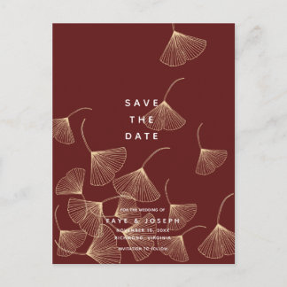 Carte Postale Faire-part Gold Ginkgo Feuille Bourgogne Enregistrer la date