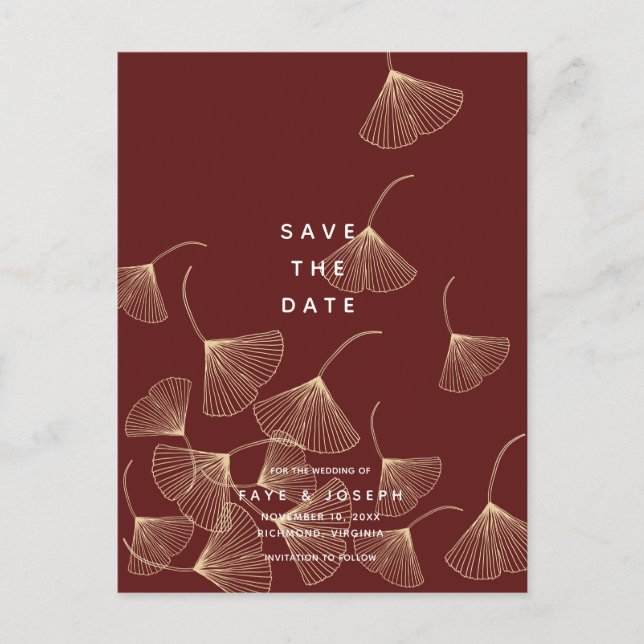 Carte Postale Faire-part Gold Ginkgo Feuille Bourgogne Enregistrer la date (Devant)