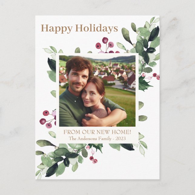 Carte Postale Faire-part Gold Happy Holiday Greenery Berries New Home (Devant)