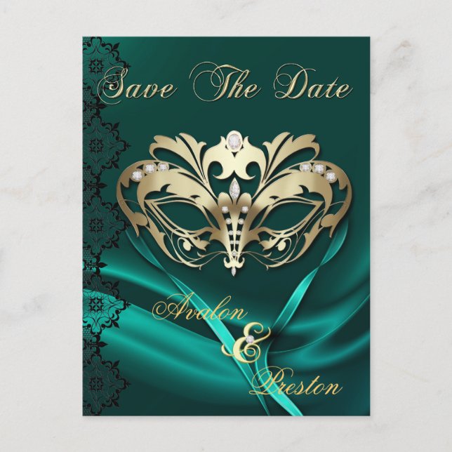 Carte Postale Faire-part Gold Masquerade Bijou Turquoise Enregistrer La Dat (Devant)