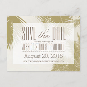 Carte Postale Faire-part Gold Palm Tree Mariage tropical Enregistrer la dat