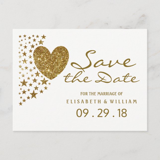 Carte Postale Faire-part Gold Parties scintillant Coeur et étoiles Mariage  (Devant)