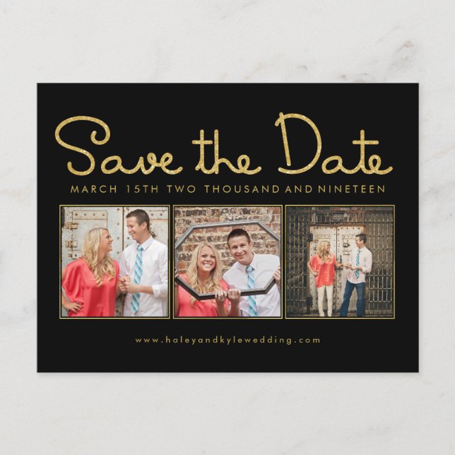 Carte Postale Faire-part Gold Parties scintillant Enregistrer la date Photo (Devant)