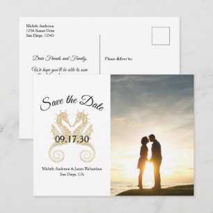 Carte Postale Faire-part Gold Seahorses Mariage tropical Enregistrer la dat