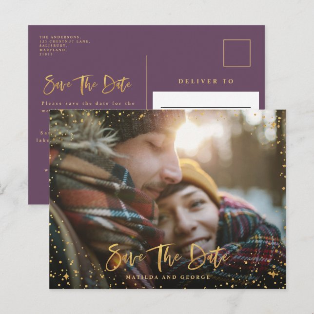 Carte Postale Faire-part Gold stars script photo mariage moderne (Devant / Derrière)